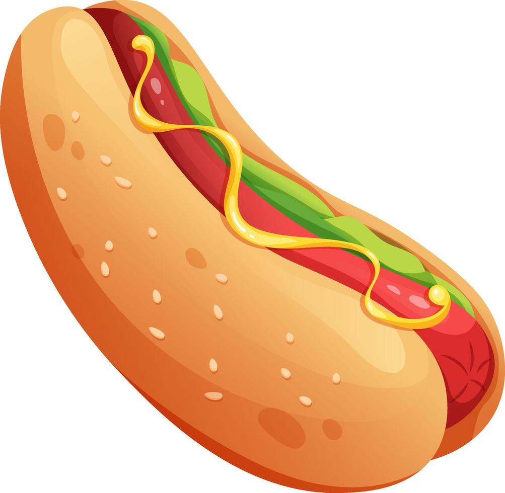Cartoon tasty hot dog with mustard and greens on white background. Fast food icon vector