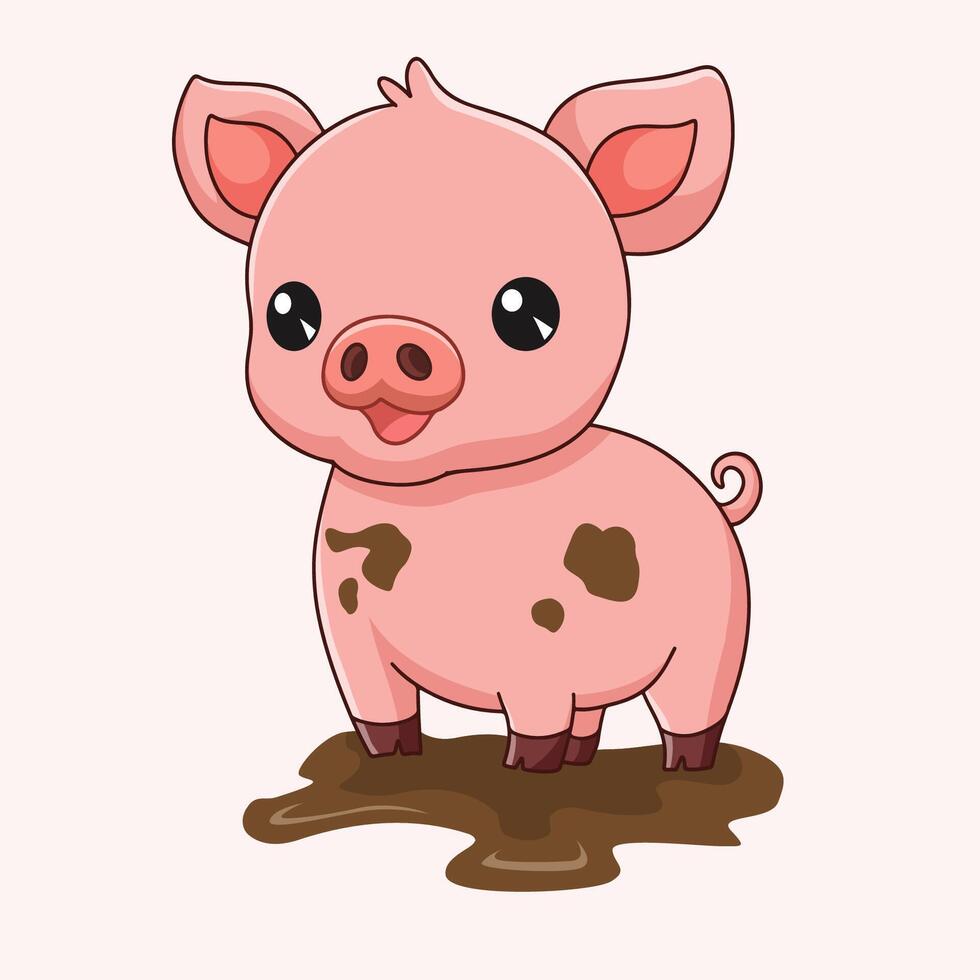 Cute little pig cartoon playing in the mud vector