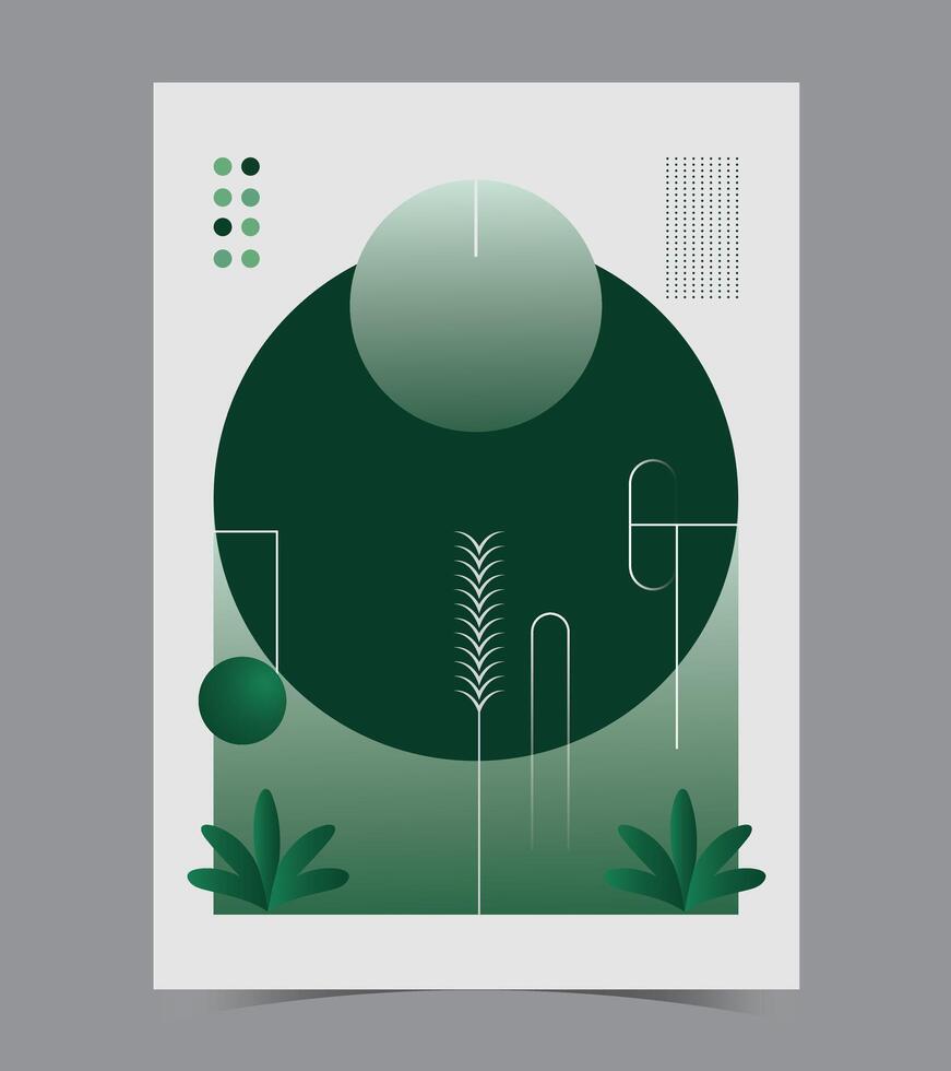 a poster with a green circle and a building in the background. vector