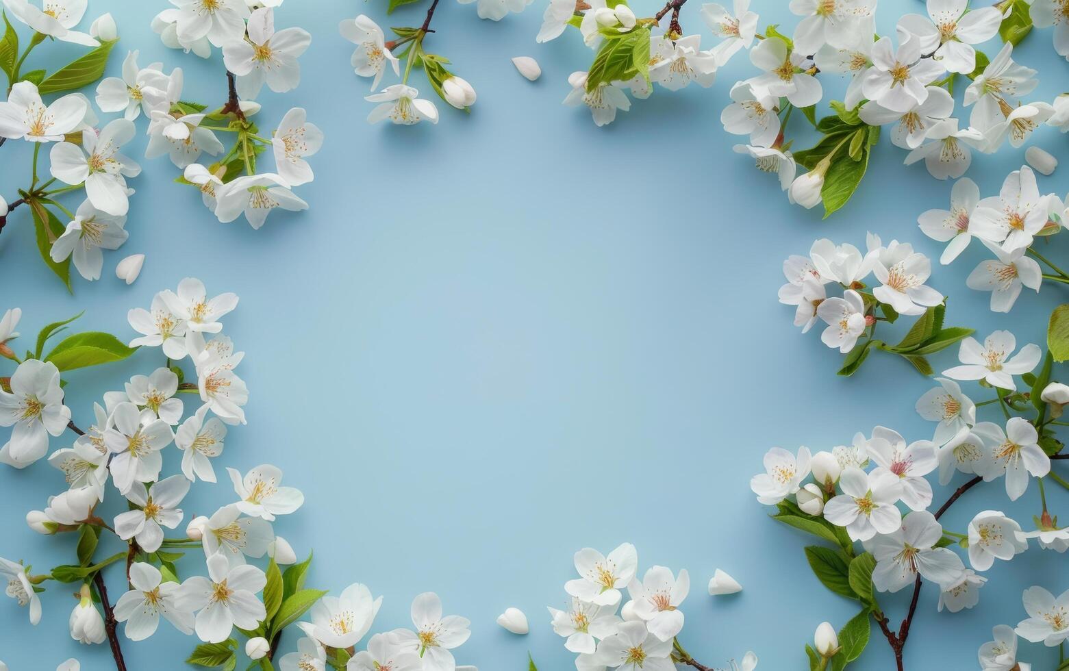 Blue Background With White Flowers and Leaves photo