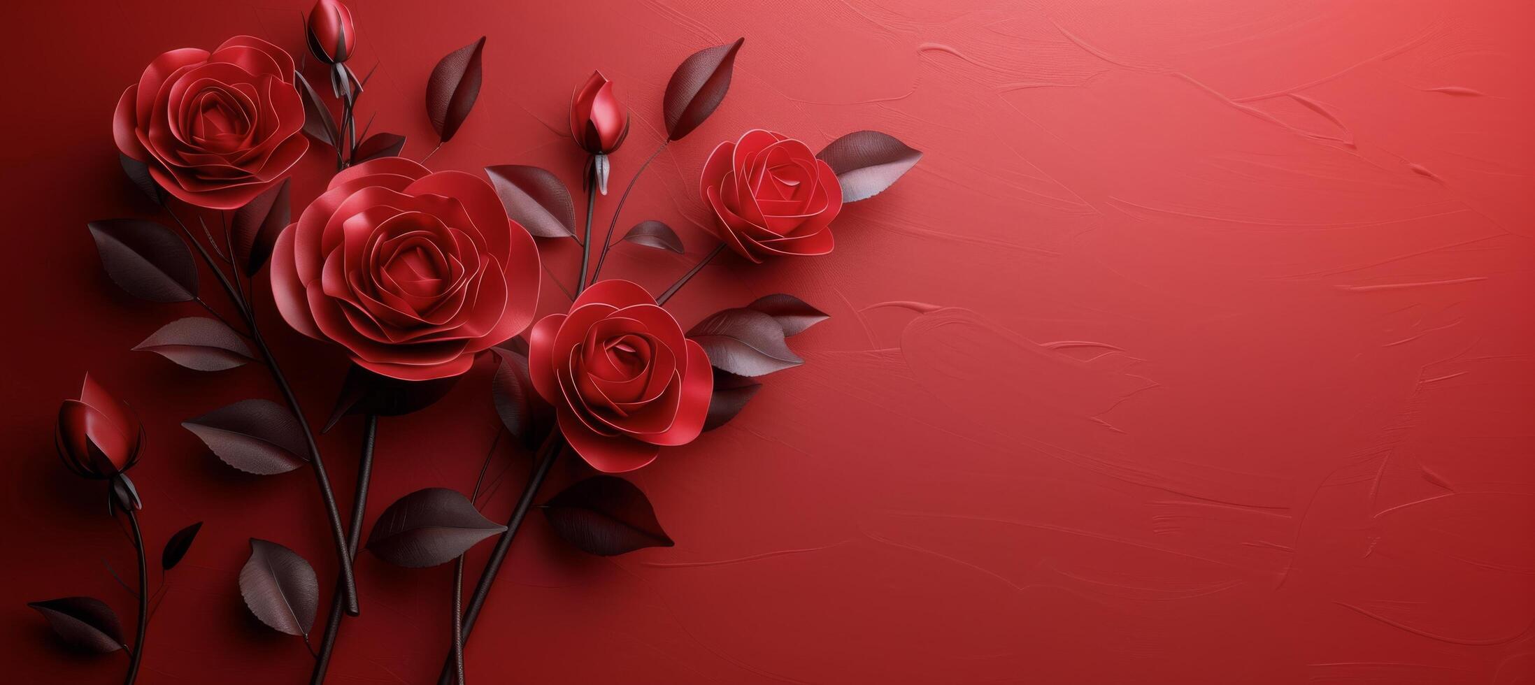 Three Red Roses on a Red Wall With Green Leaves photo