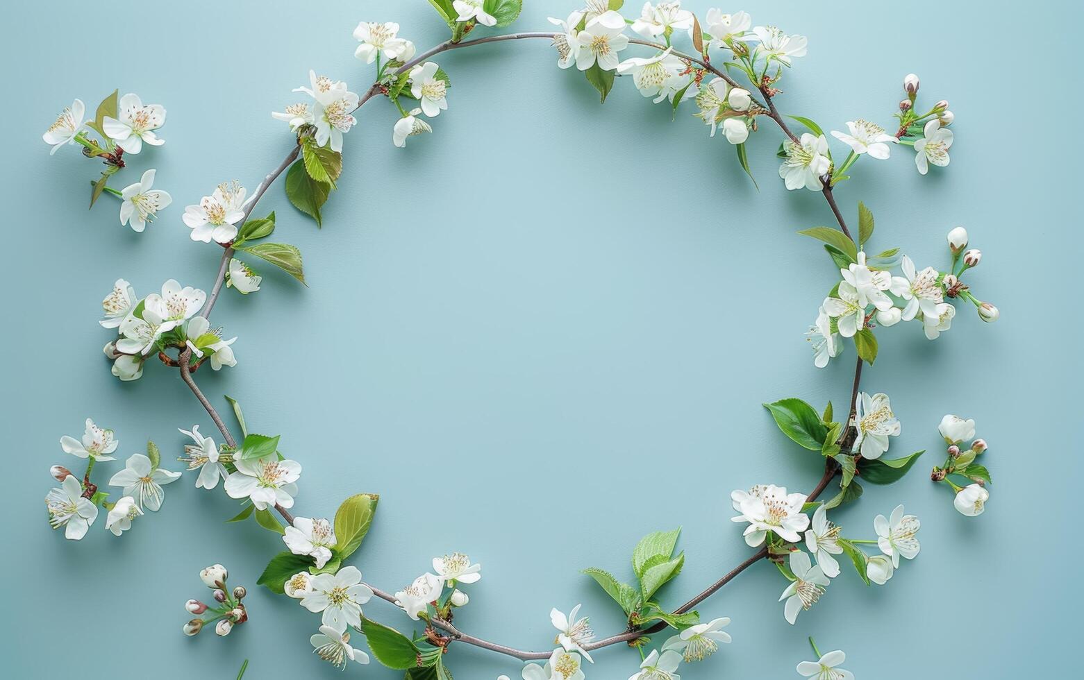 Blue Background With White Flowers and Leaves photo