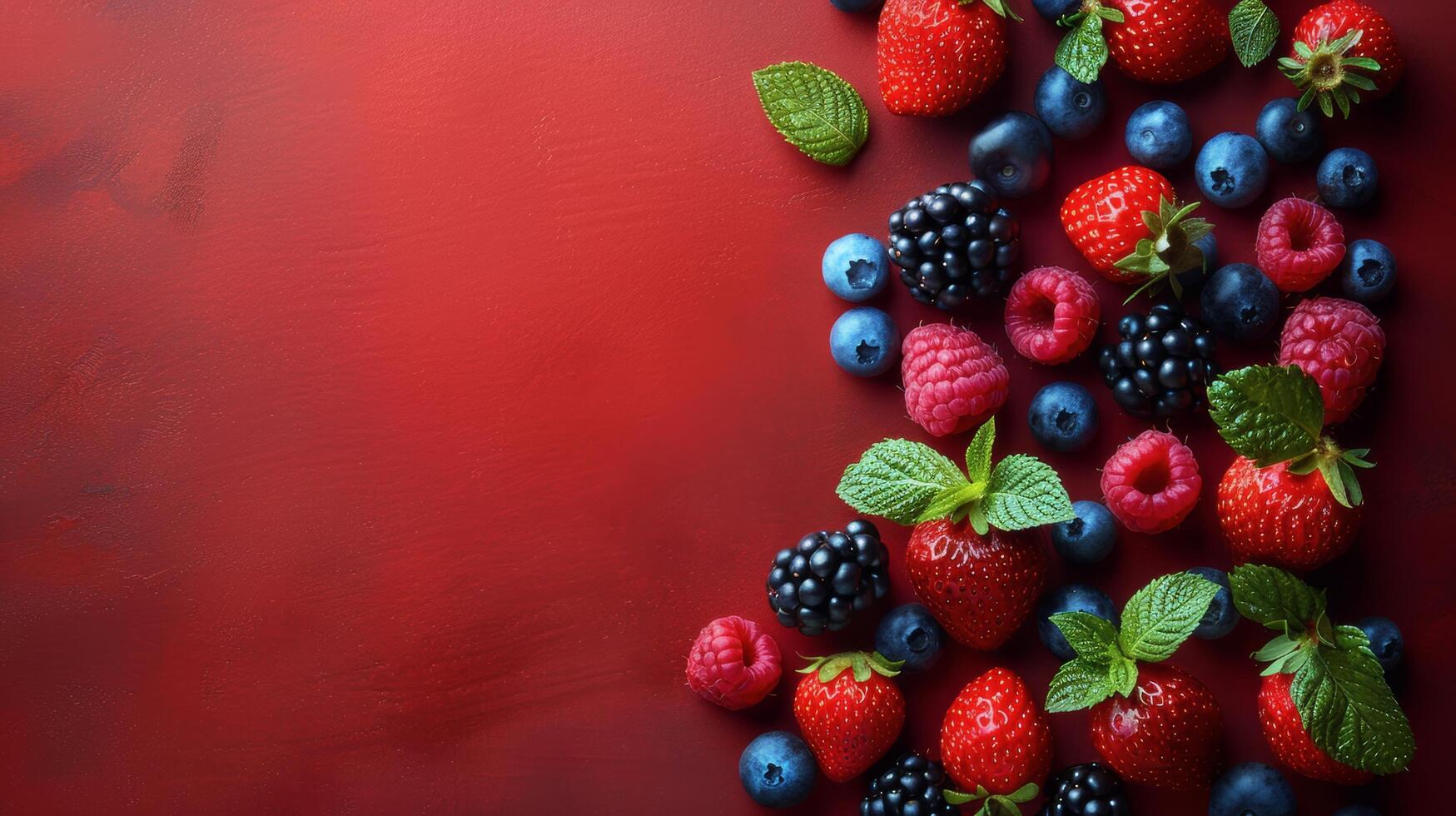 Group of Berries and Raspberries on Red Surface photo
