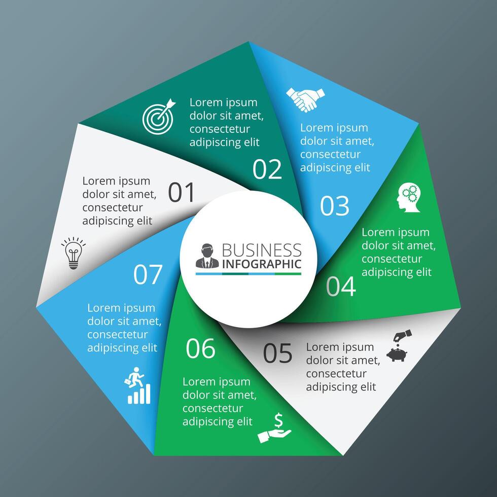 Spiral heptagon for infographic. Template for cycle diagram, graph, presentation and round chart. Business concept with 7 options, parts, steps or processes. Abstract background. vector