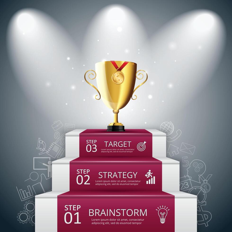Illustration of 3 steps to success with red carpet and trophy cup. Can be used for infographic, banner, diagram, step up options. vector