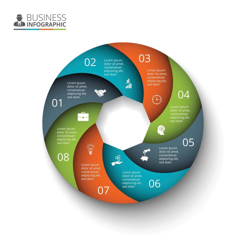 Circle element for infographic. Template for cycle diagram, graph, presentation and round chart. Business concept with 8 options, parts, steps or processes. vector