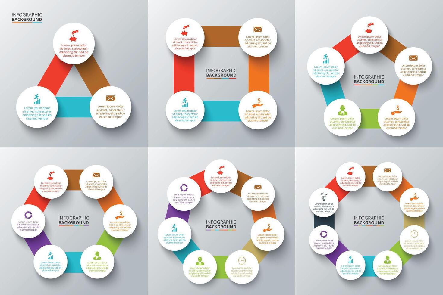 Triangle, square, pentagon and other geometric shapes with circles for infographic. Template for cycle diagram, graph. Business concept with 3, 4, 5, 6, 7 and 8 options, parts, steps. vector