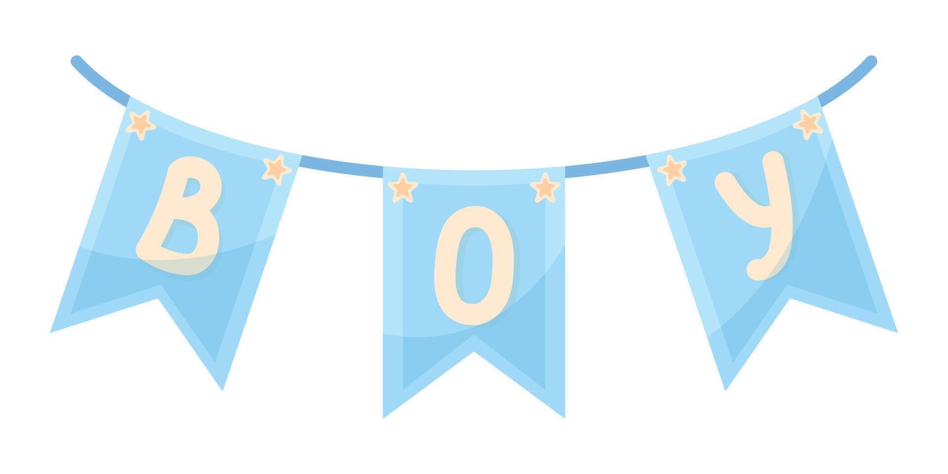 Blue garland with flags and the inscription boy. Decoration for gender party. Element for design of logo, icons. Isolated illustration vector