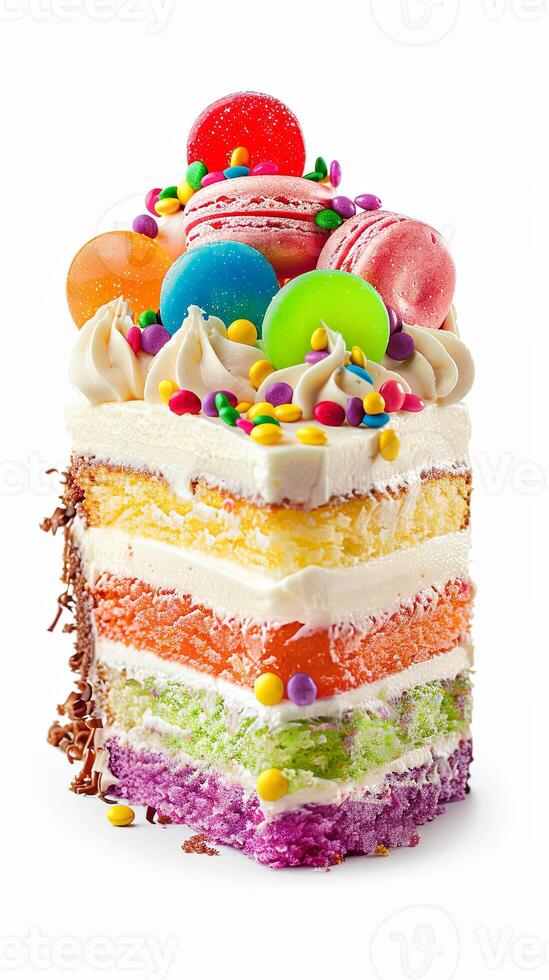 rainbow cake with layers and colorful frosting photo