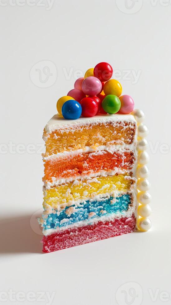 Rainbow cake with layers isolated on white background photo