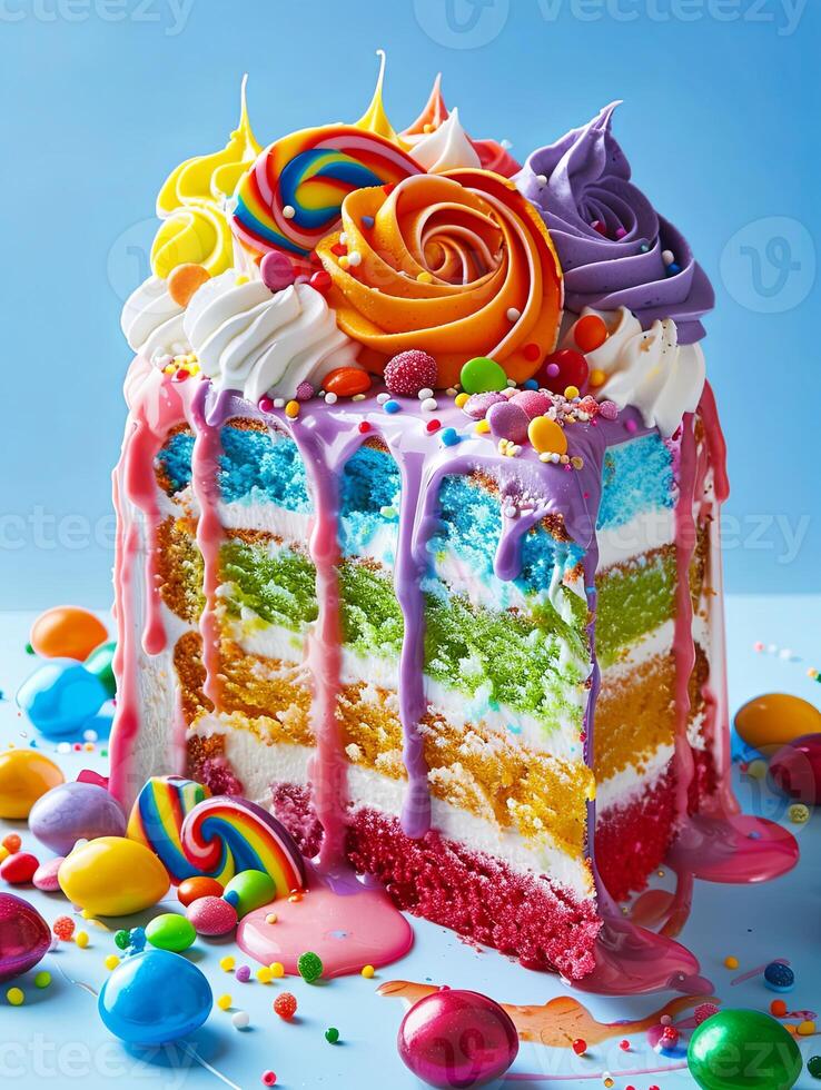 rainbow cake with layers and colorful frosting photo