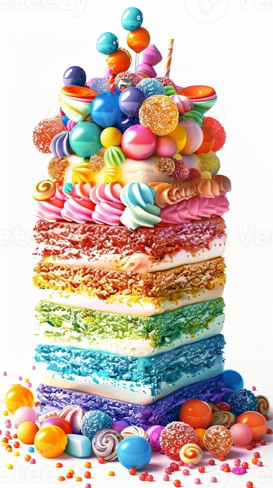 rainbow cake with layers and colorful frosting photo