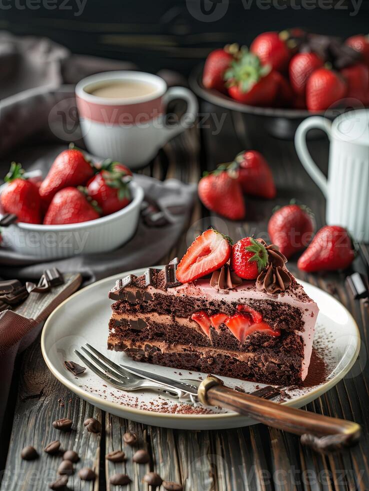 a slice of strawberry chocolate cake on the table photo