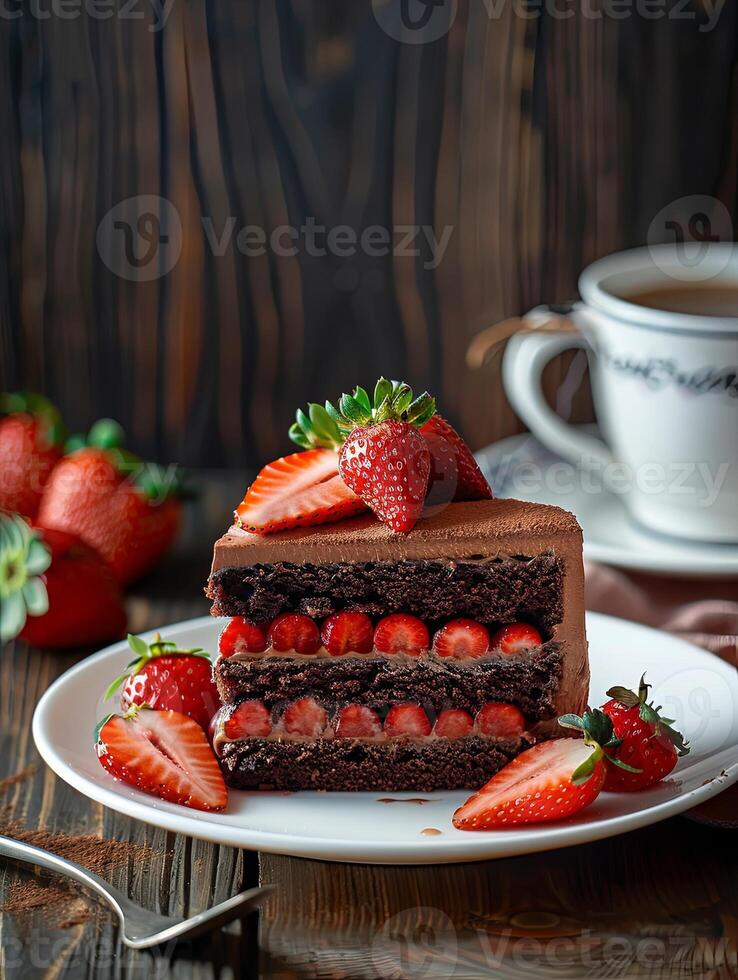 Tastery's strawberry and chocolate cake with strawberries on a white plate photo