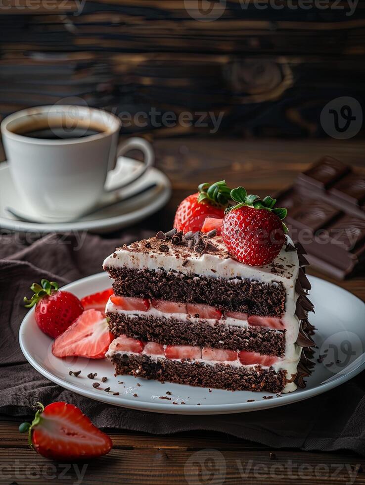 Tastery's strawberry and chocolate cake with strawberries on a white plate photo