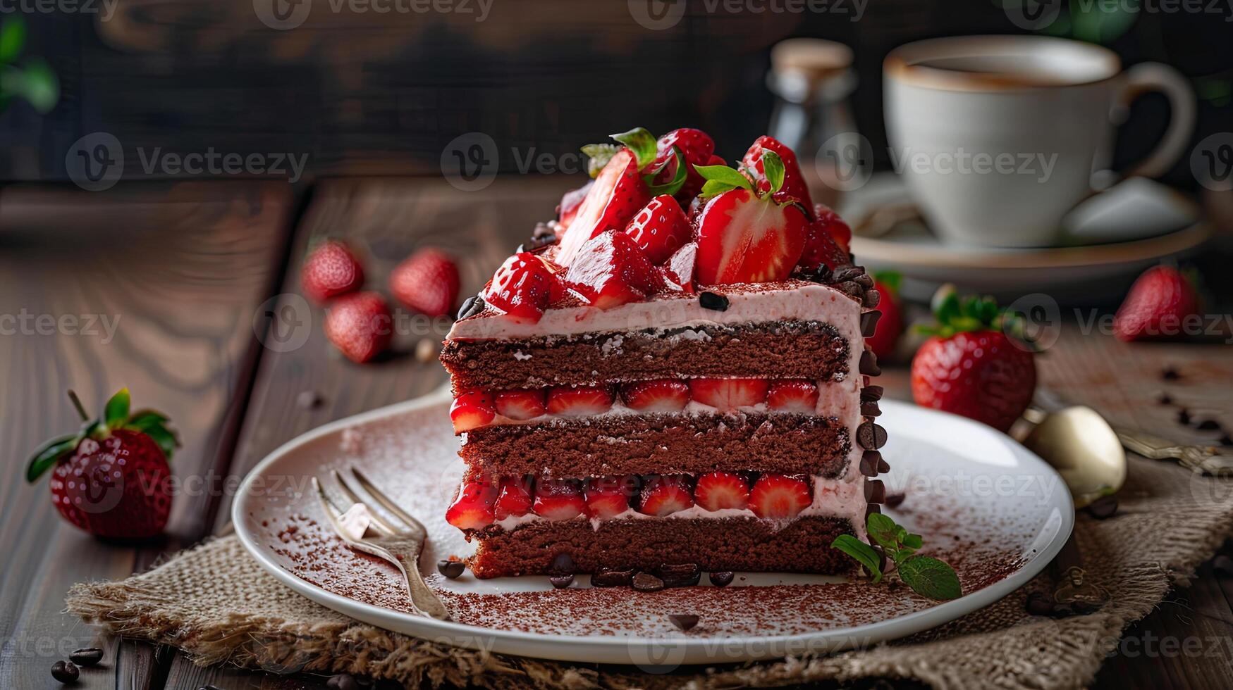 Tastery's strawberry and chocolate cake with strawberries on a white plate photo