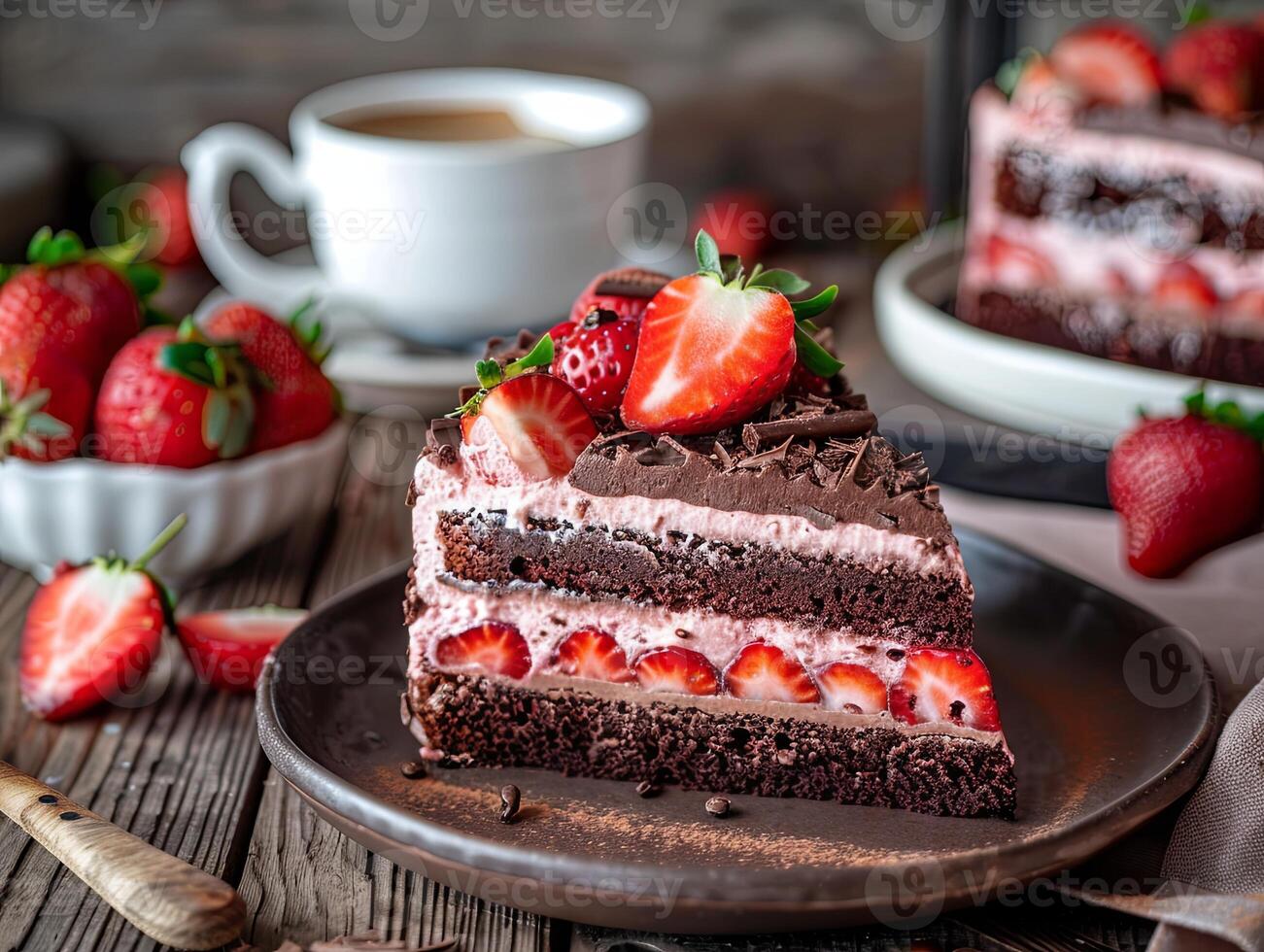 a slice of strawberry chocolate cake on the table photo