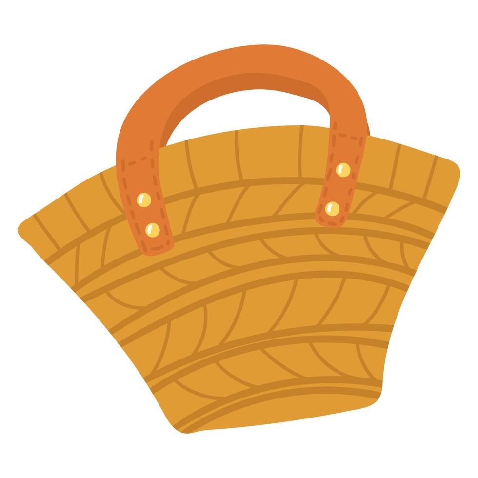 Illustration of a woven straw bag, for the beach or summer picnic. An isolated item for storing beach items, picnic food and more. Environmentally friendly storage. Plastic-free, caring for the earth vector