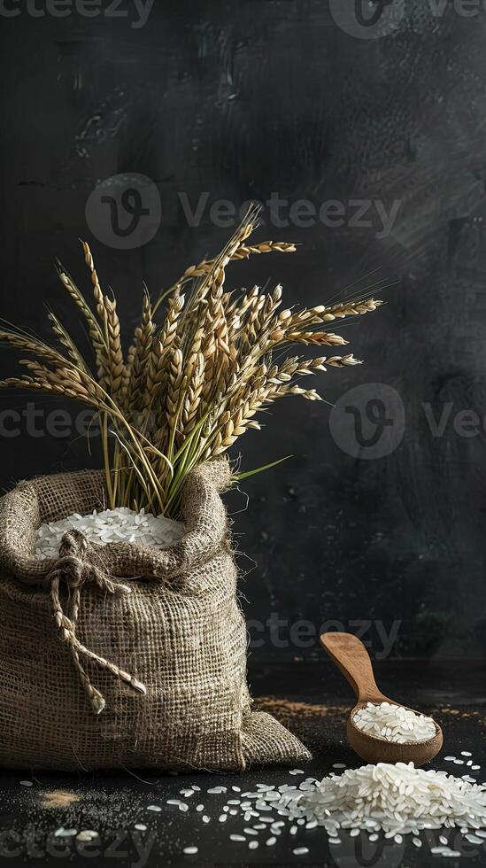 burlap sack of rice and grains on the right photo