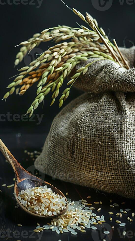 burlap sack of rice and grains on the right photo
