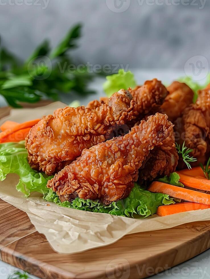 side view of crispy fried chicken on brown paper photo