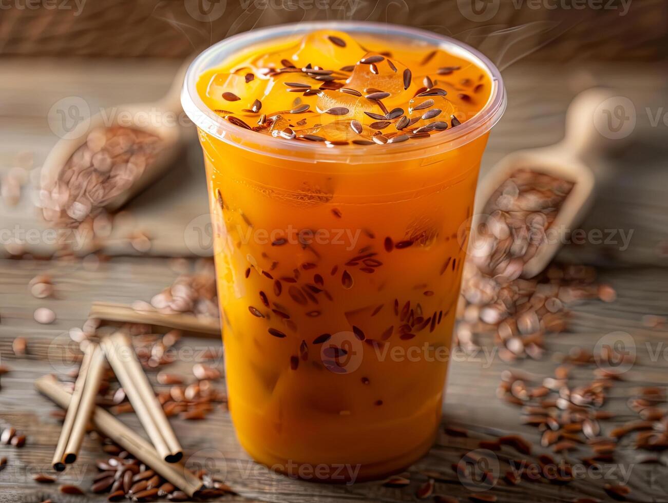 Thai tea with ice in a plastic cup photo