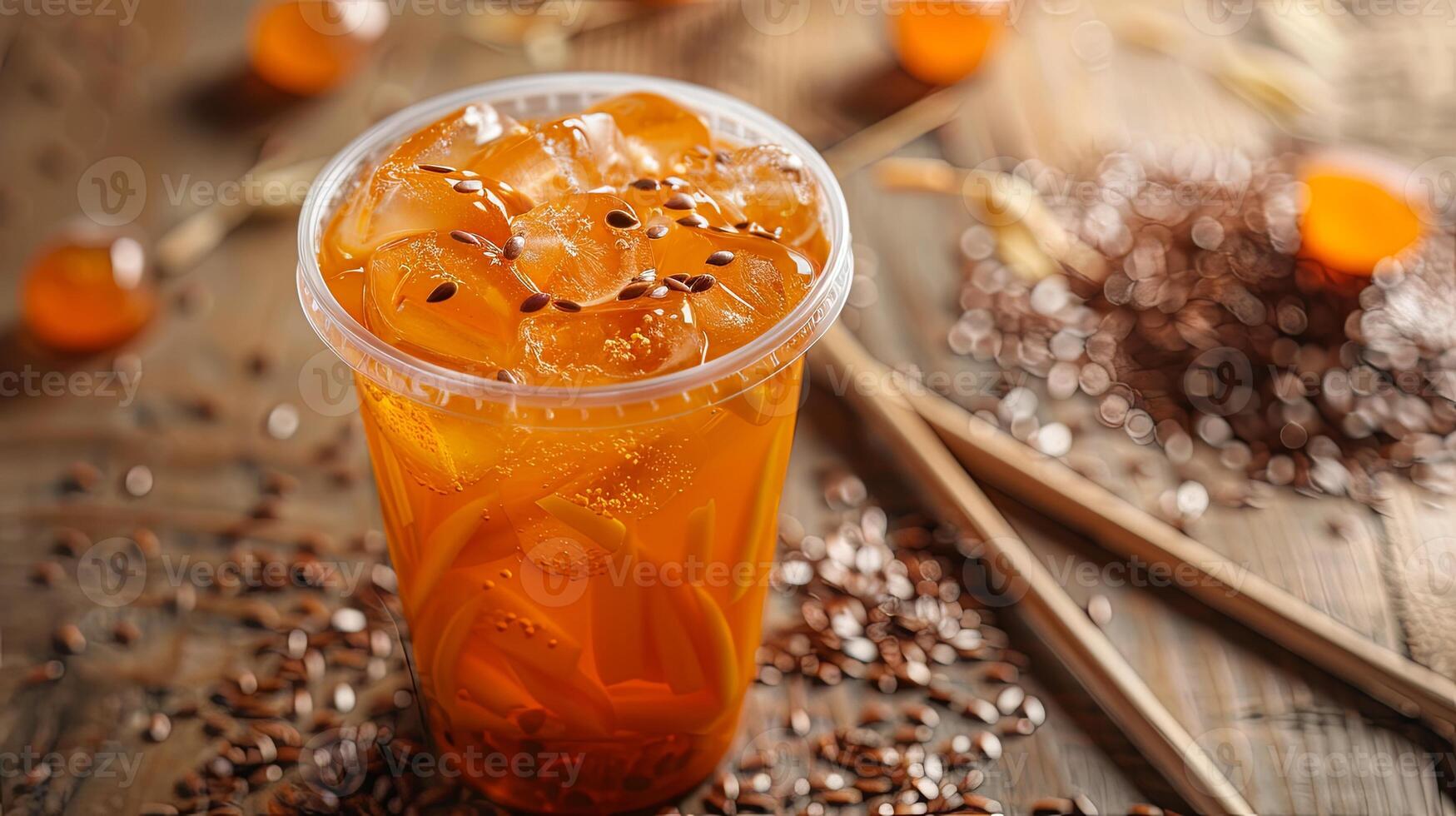 Thai tea with ice in a plastic cup photo