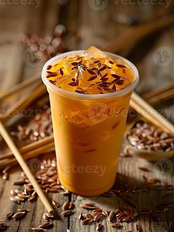 Thai tea with ice in a plastic cup photo