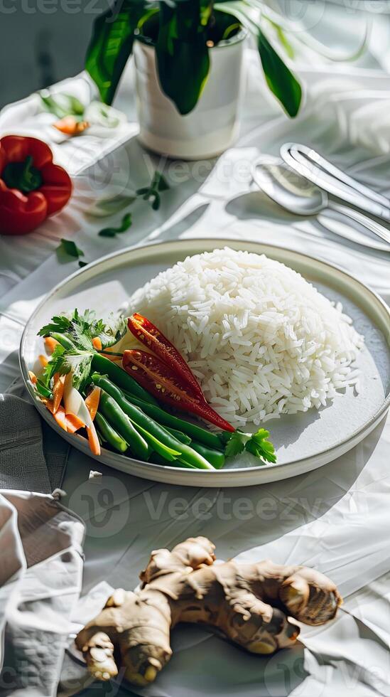 White rice on a white plate with fresh vegetables and ginger root photo