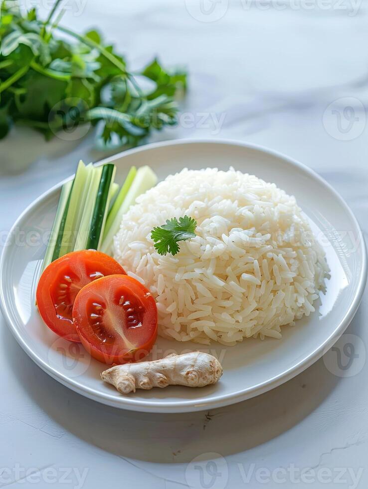 White rice on a white plate with fresh vegetables and ginger root photo