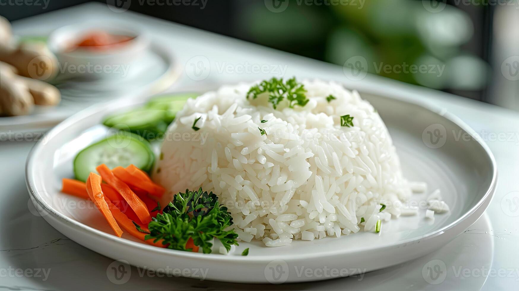 White rice on a white plate with fresh vegetables and ginger root photo