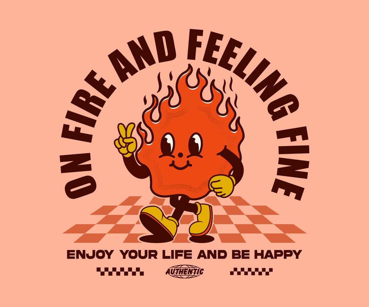 on fire slogan with retro cartoon character of fire, mascot design can be used as t shirt, sticker, poster, print design and other uses. vector