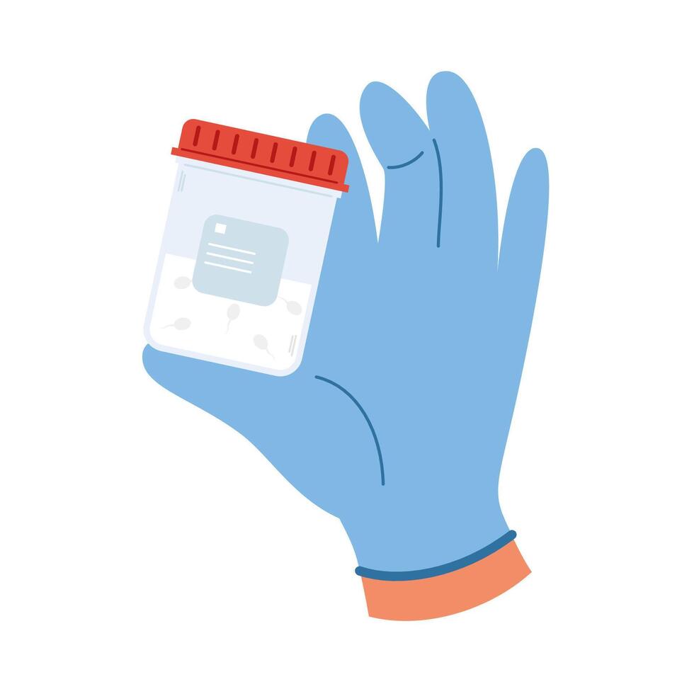 Doctor hand in gloves holds a medical sample in a laboratory container. Semen test vector