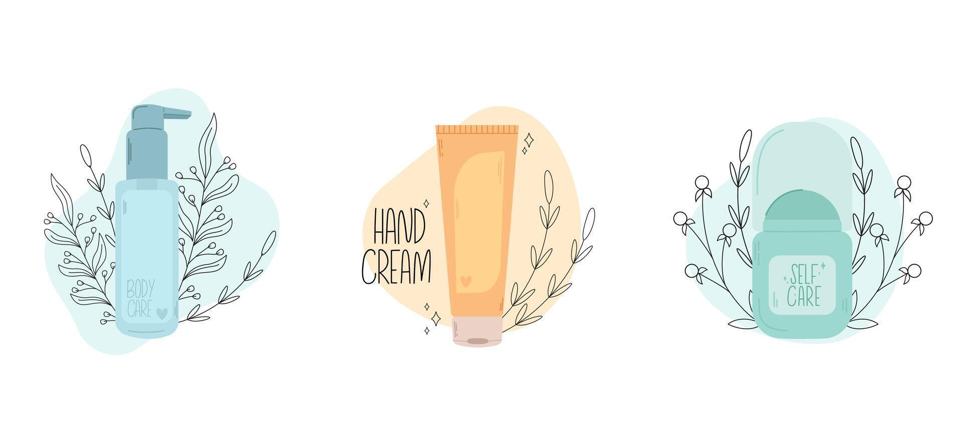 Collection of skin care products. Hand drawn bottles of shower gel, moisturizing hand cream and deodorant vector