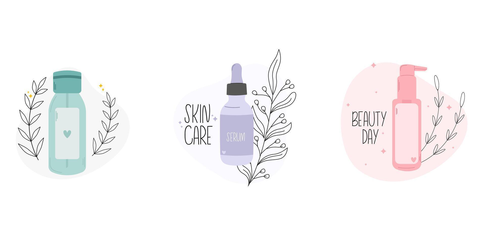 Set of cosmetic beauty products in bottles. Face and body care routine. Cosmetics bottles with skin care products vector