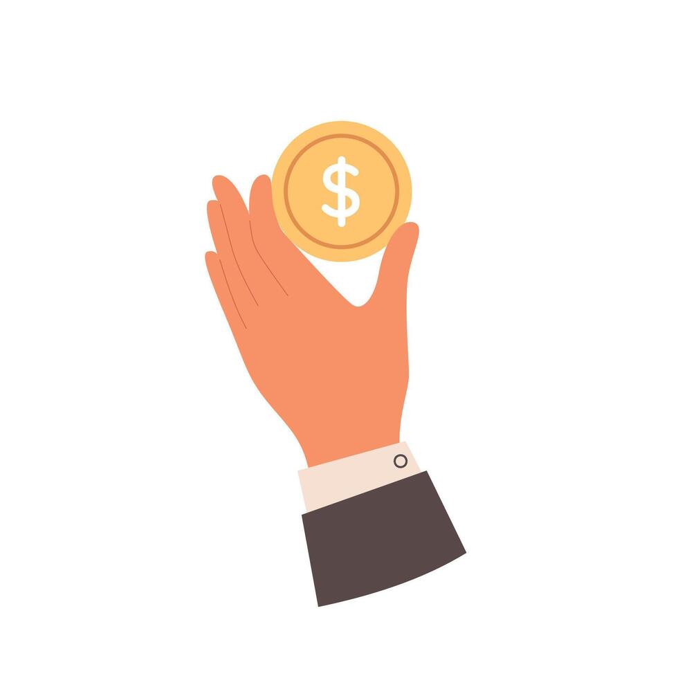 Hand hold gold coin with fingers. Save money concept vector