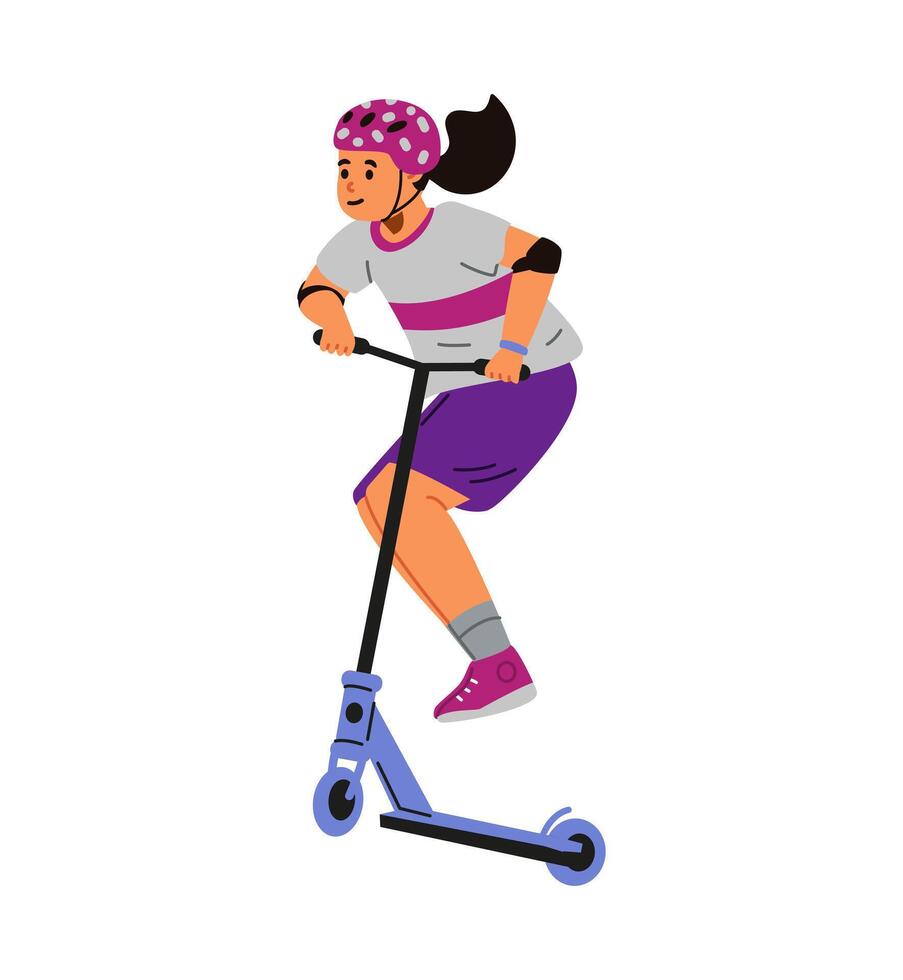 Teenage girl making trick on stunt scooter flat illustration isolated on white. vector