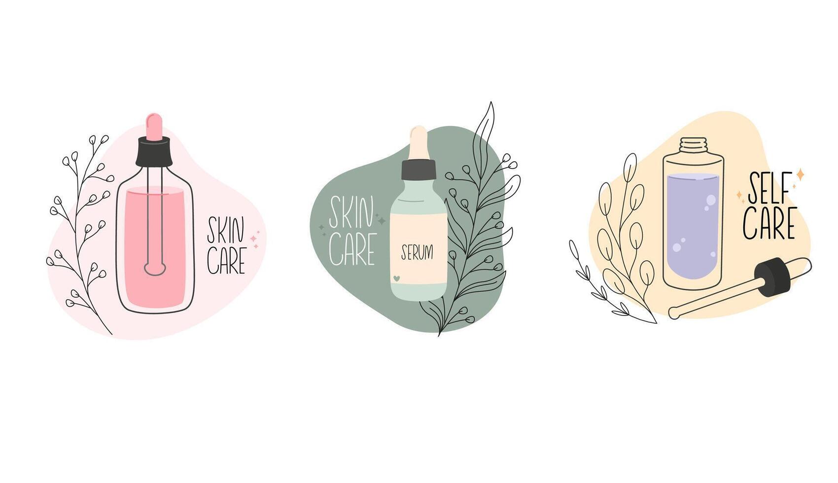 Collection of skin care products. Hand drawn set of bottles with serum for face routine vector