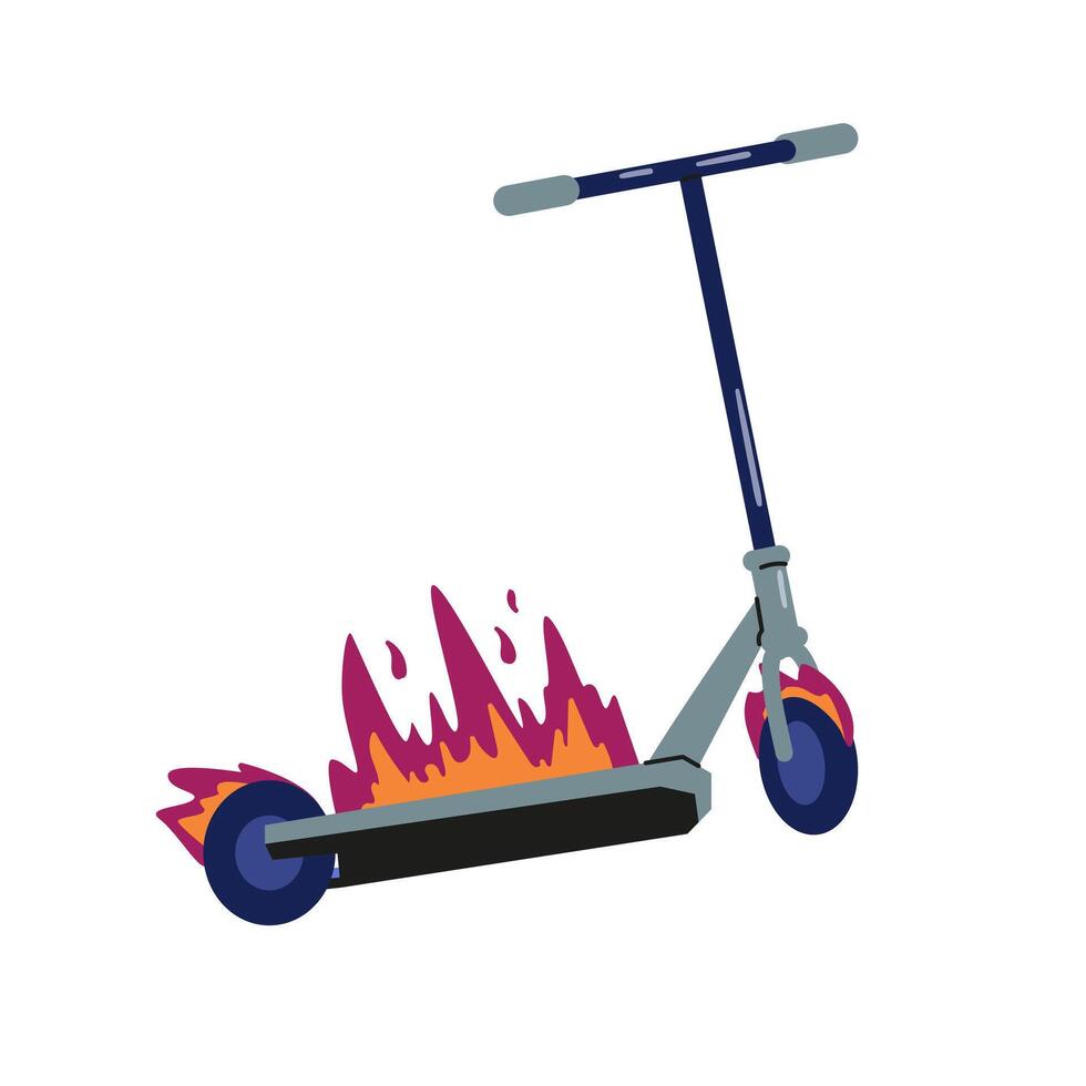 Stunt scooter on fire flat illustration isolated on white. vector