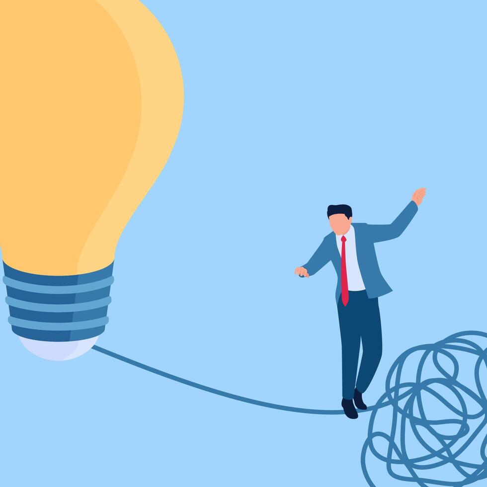 Man walking on a tightrope from a tangled rope towards a lamp, illustration for problem solving. vector