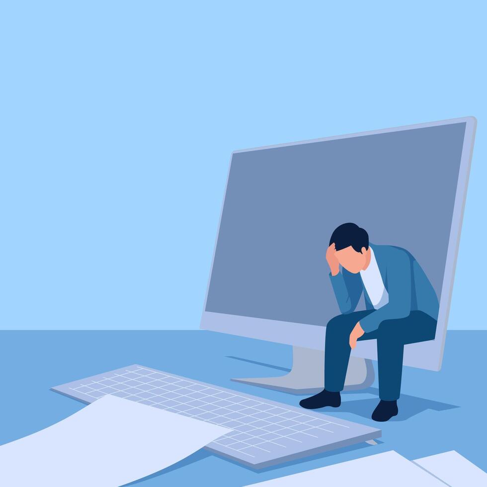 Man sitting at the monitor holding his head, papers scattered around him, illustration for work fatigue. vector