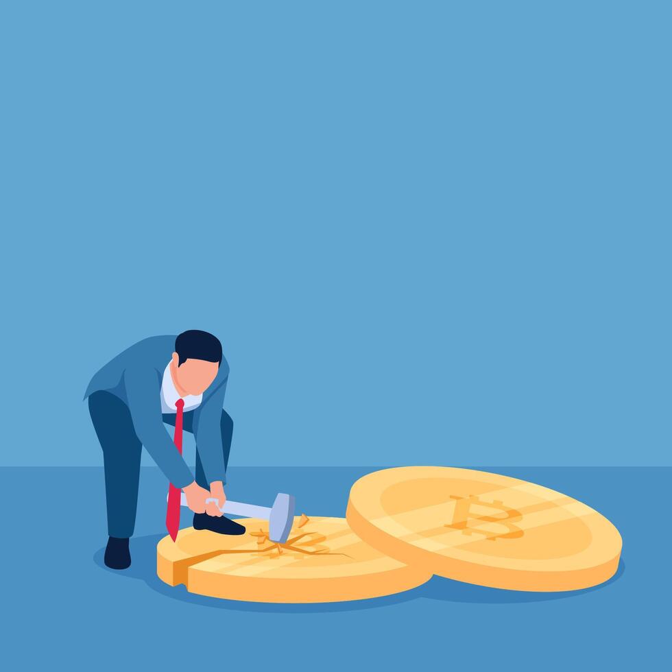 Man hits a crypto coin with a sledgehammer until it cracks and shatters, illustration for a crypto collapse. vector