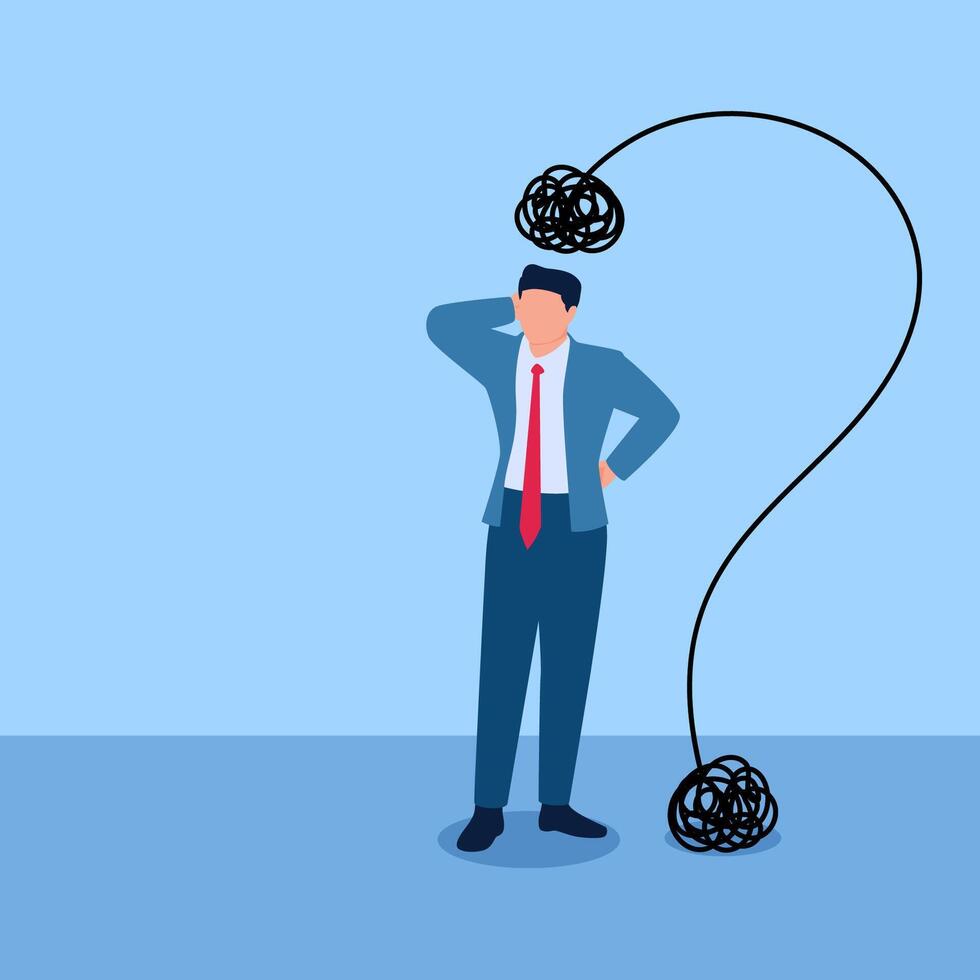 Man standing with intricate lines above his head that fall to the ground forming a question mark, illustration for problem. vector