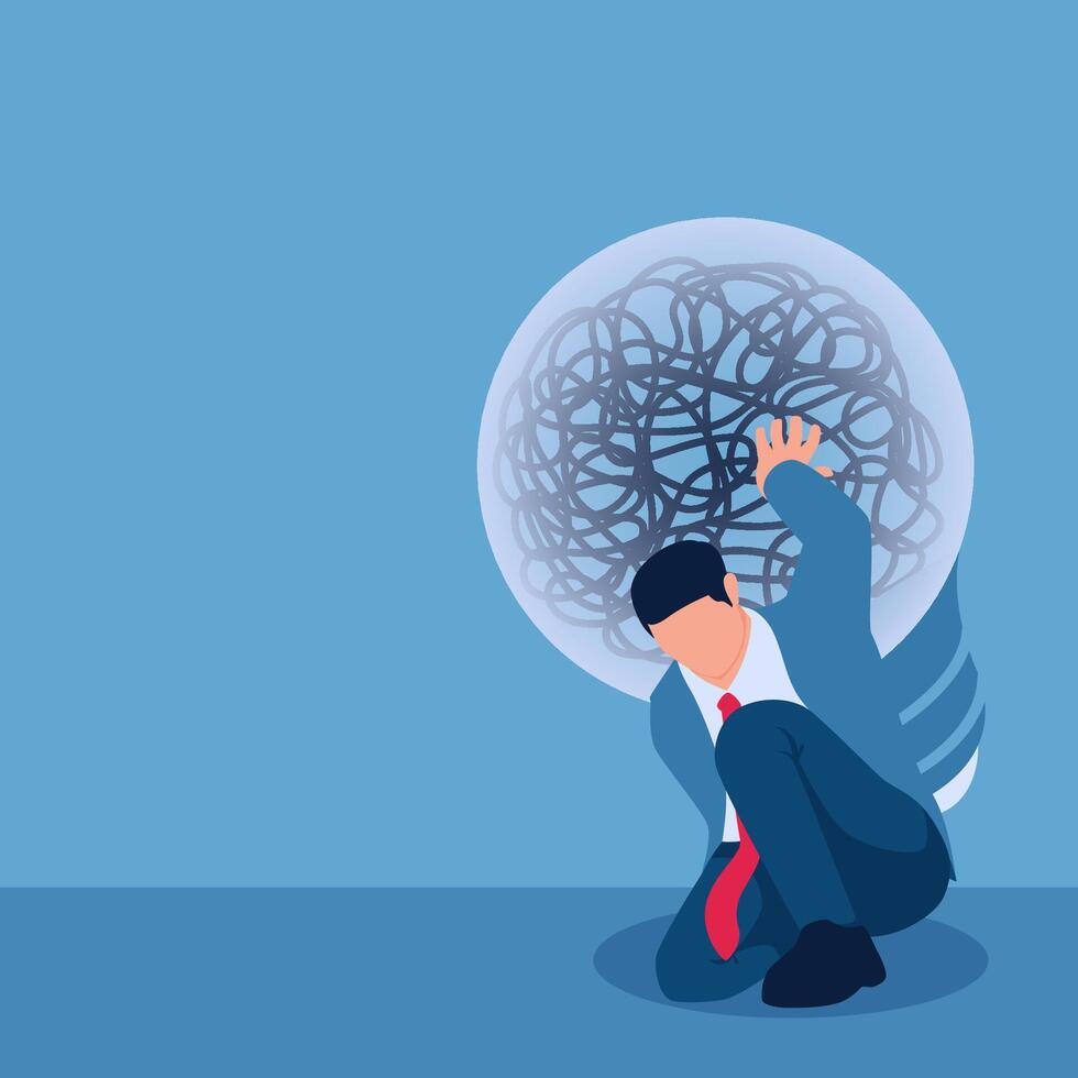 A man bends down supporting a large lamp filled with complicated wires, an illustration of overthinking. vector