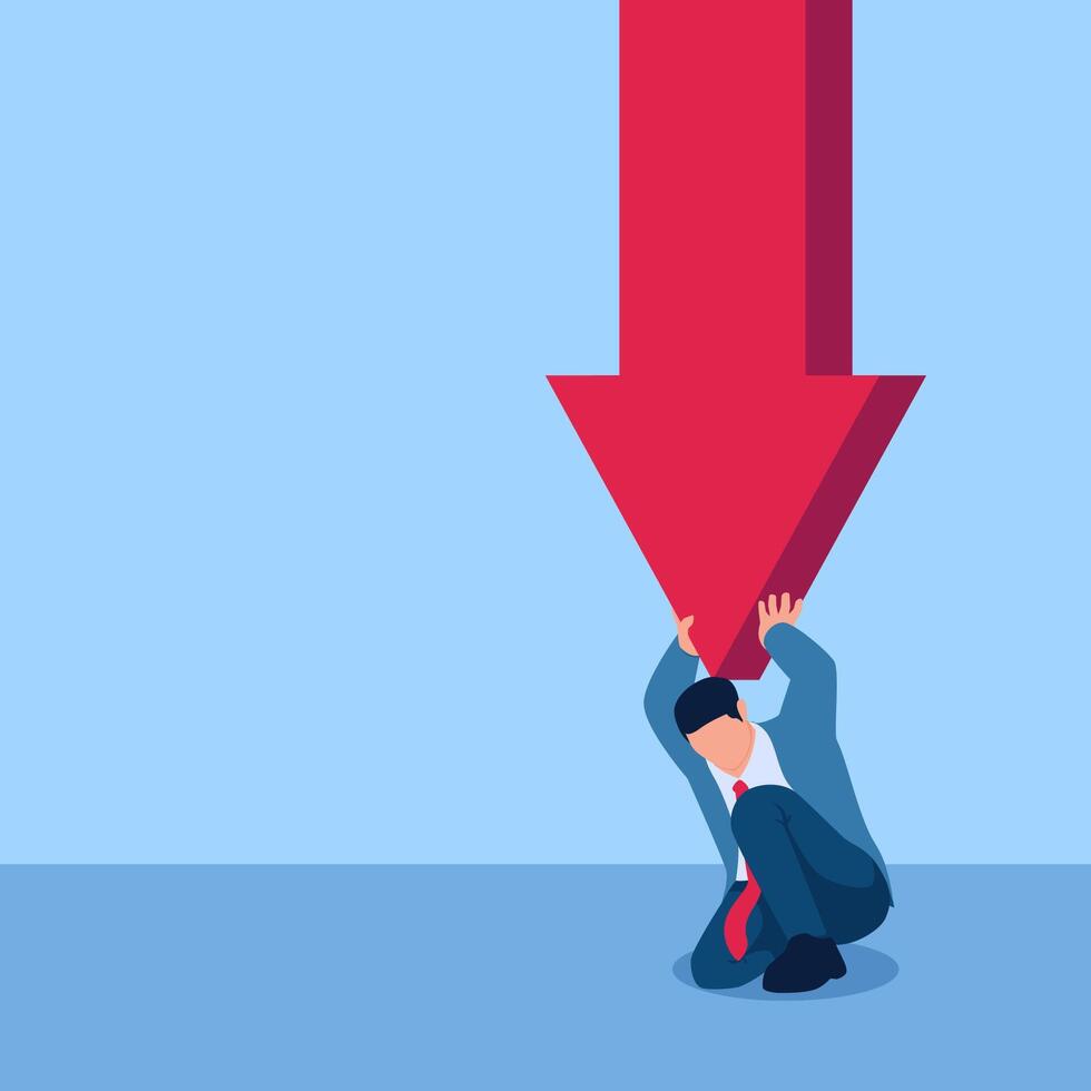 Man sitting holding an arrow from above pressing on him, illustration under pressure. vector
