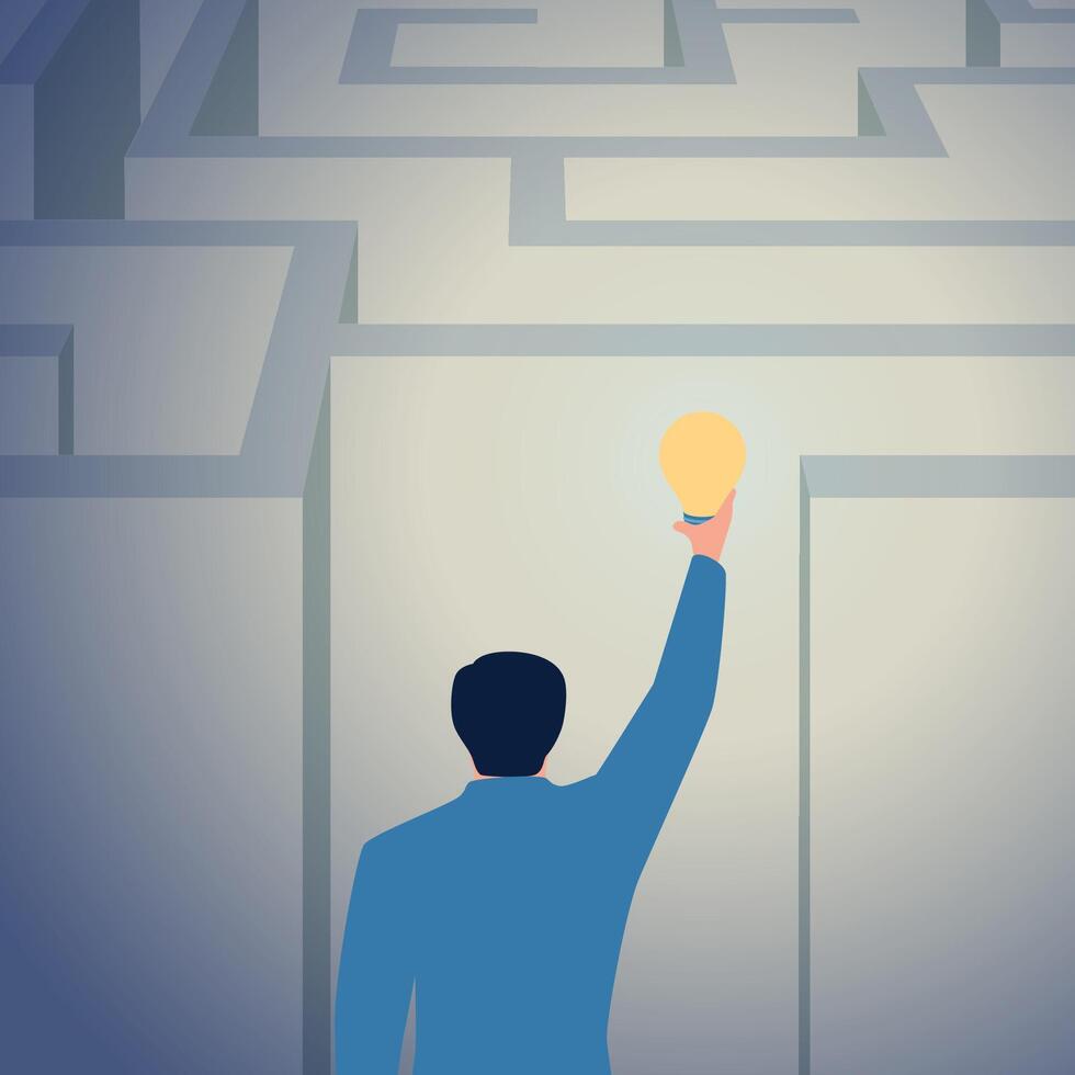 Man holding high a lamp to see the maze clearly, illustration for problem solving. vector