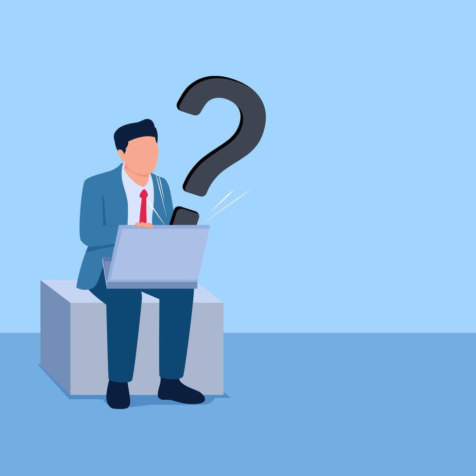 A man sits on a laptop while thinking and a question mark appears, an illustration of a problem. vector
