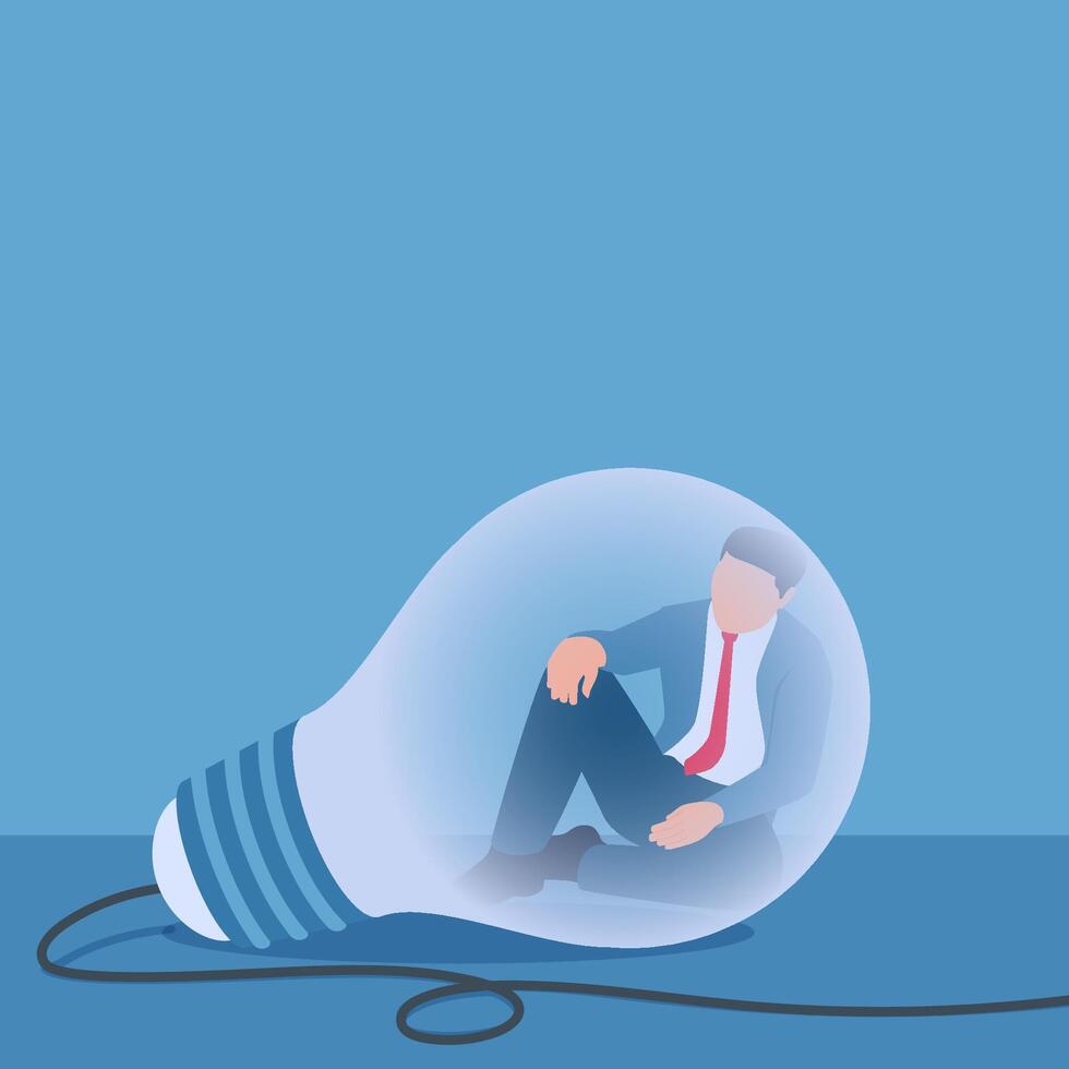 Man sitting confused inside a light bulb, illustration for overthinking. vector