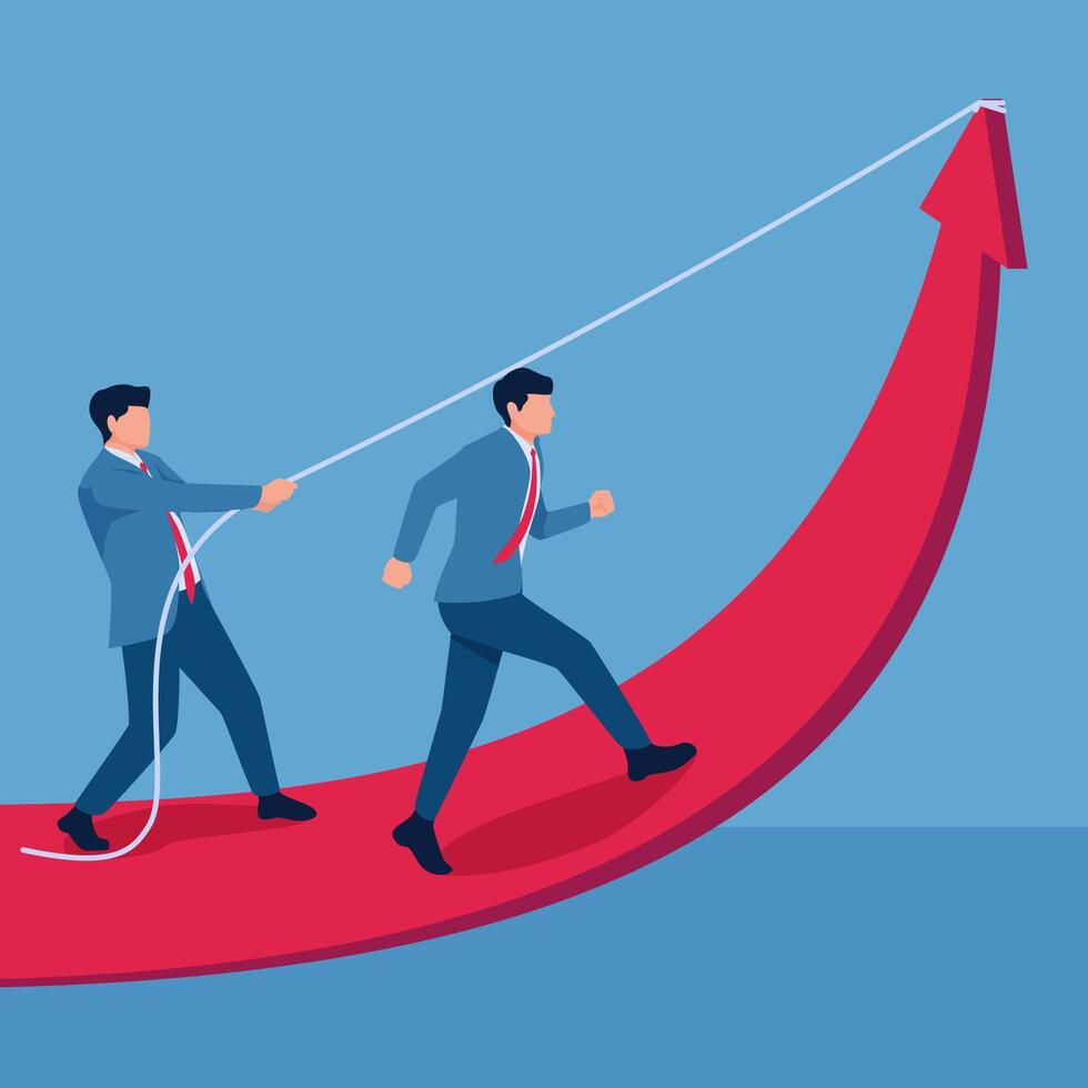 Man pulling rope lifting arrow up, illustration for leadership. vector