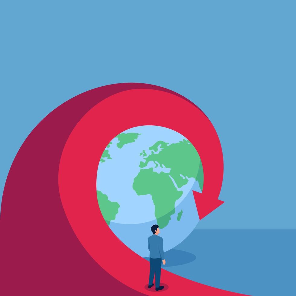 Man sees rotating arrow swooping sharply downwards around globe, illustration for global crisis. vector